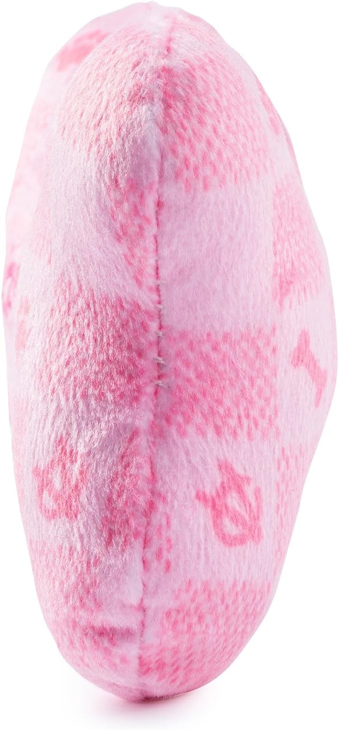 Haute Diggity Dog Pink Checker Chewy Vuiton Bone, Plush Designer Dog Toys with Interactive Squeaker, Stimulating Pet Enrichment, Machine-Washable & Safe Materials for All Breeds, Size Small
