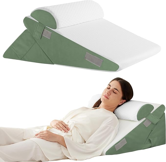 3PCS Wedge Pillow Set for After Surgery, Adjustable 9&12 Inch Bed Wedge Pillow for Sleeping, Incline Pillow Wedge for Headboard, Post Surgery, Acid Reflux, Neck&Back Support, Green