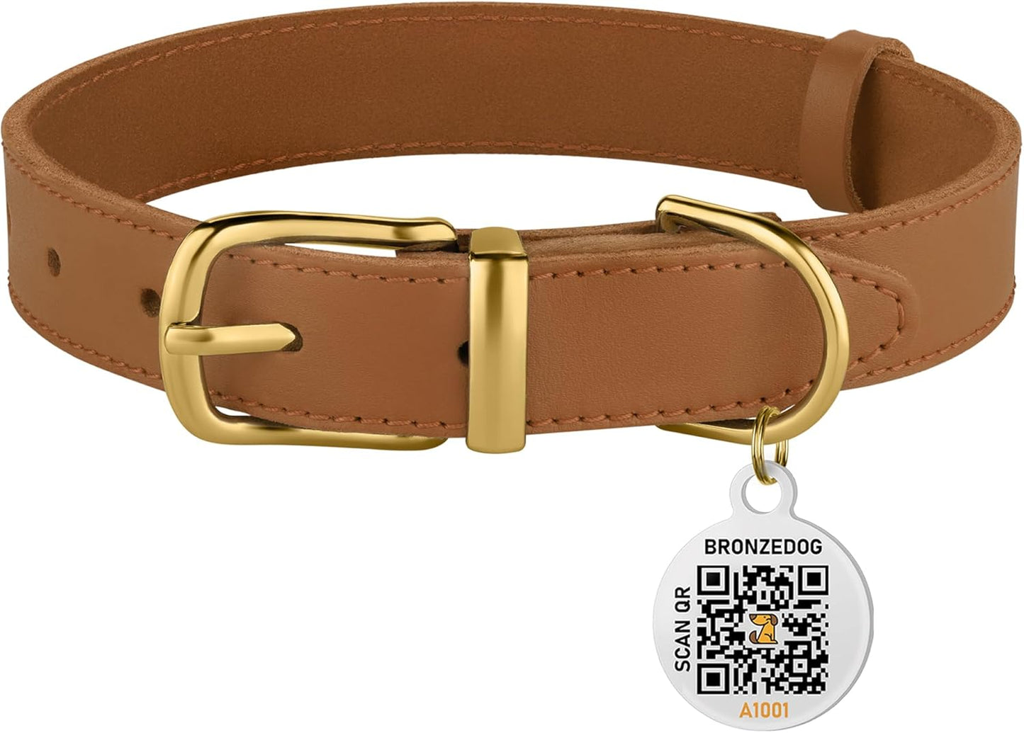 BRONZEDOG Leather Dog Collar with Metal Buckle Durable Basic Pet Collars for Small Medium Large Dogs (13-16 Inch (Pack of 1), Light Brown & Gold Buckle)