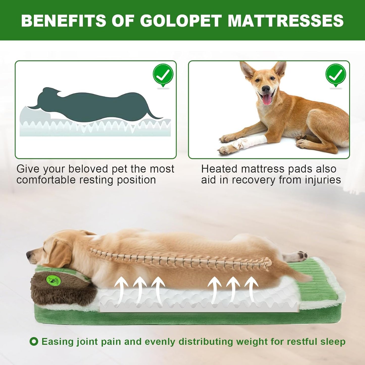 Large Heated Dog Bed 40x27x2 in,Equipped with MET/UL Dual Certified Heating Pad and Intelligent Controller,Thickened Memory Sponge+100% Plush Heated Pet Bed,Indoor Puppy Bed with Side Pillows