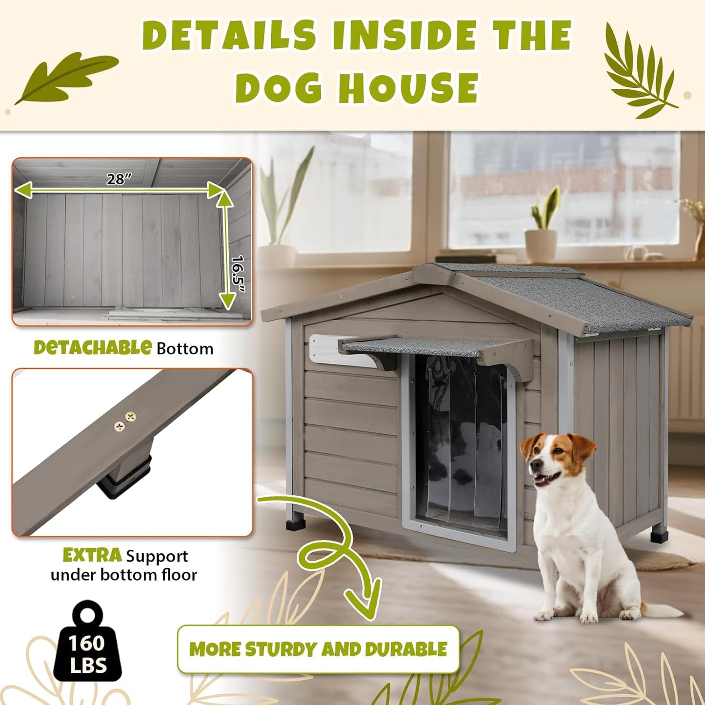 PetsCosset 30.1" L Large Dog House Outdoor & Indoor,Fir Wood Dog Kennel with Weatherproof Openable Asphalt Roof,Spacious Doghouse with Anti-Chewing Metal Edges for Small & Medium & Large Dogs,Grey