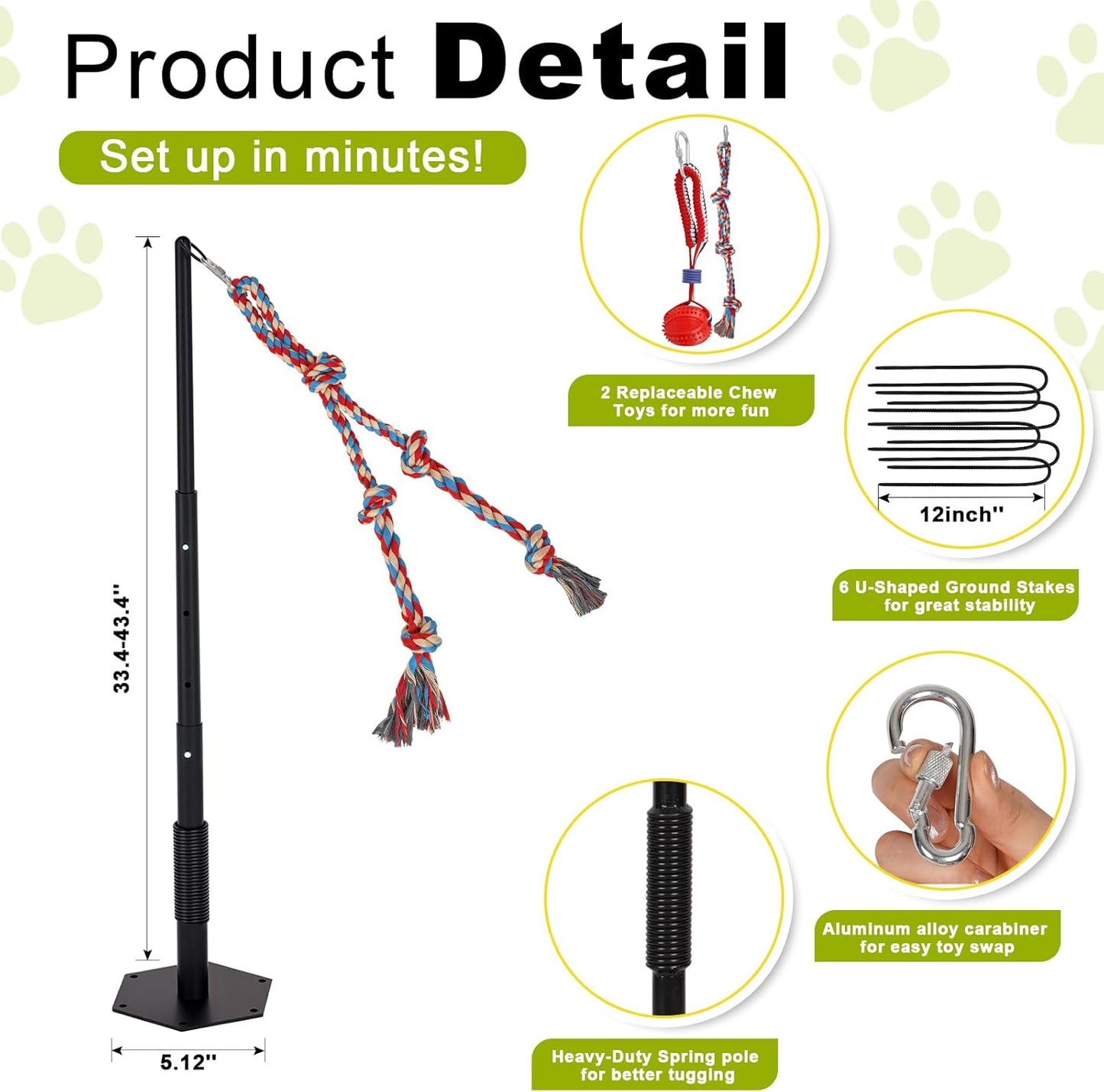 Outdoor Tug of War Dog Toy, Tether Interactive Dog Tug Toy Backyard Heavy-Duty Dog Solo Play Exercise Toy for Large Medium Dogs, Height Adjustable, 2 Rope Toys