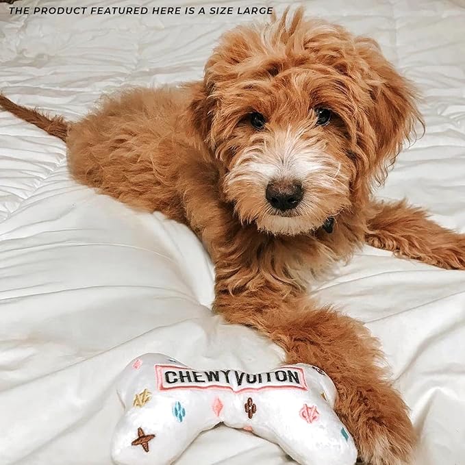 Haute Diggity Dog White Chewy Vuiton Bone, Plush Designer Dog Toys with Interactive Squeaker, Stimulating Pet Enrichment, Machine-Washable & Safe Materials for All Breeds, Size Large