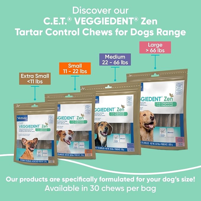 Virbac C.E.T.® VEGGIEDENT® Zen Tartar Control Chews for Dogs - Multifunctional to Support Mental Well-Being, VOHC Approved - Medium 22-66lbs