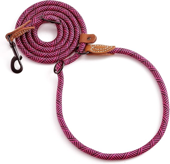 Mile High Life Hands Free Dog Leash, Crossbody Waist Leash with Genuine Leather Connection, Multifunctional Adjustable Slip Lead for Dog Walking Running (Hot Pink, 8FT)