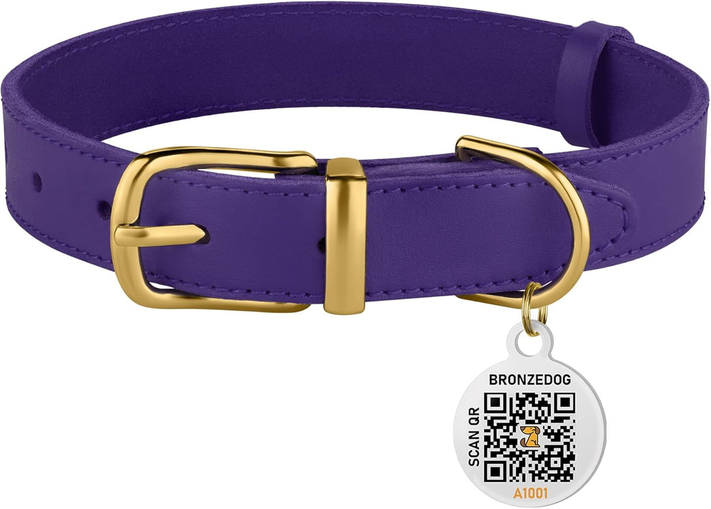 BRONZEDOG Leather Dog Collar with QR ID Tag Basic Pet Collars for Small Mini Dogs Cats Puppies (7-9 Inch (Pack of 1), Purple & Gold Buckle)
