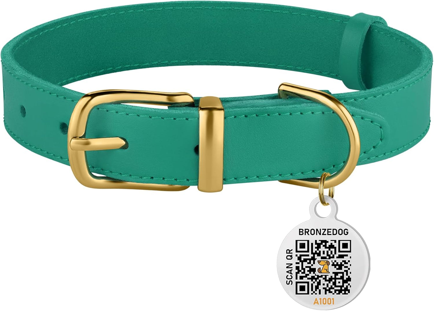 BRONZEDOG Leather Dog Collar with Metal Buckle Durable Basic Pet Collars for Small Medium Large Dogs (19-21 Inch (Pack of 1), Green & Gold Buckle)