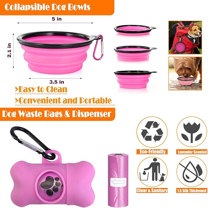 No Pull Dog Harness, Collar & Leash Set | Includes Dog Seat Belt, Collapsible Bowls & Poop Bag Dispenser. Ideal for Training, Walking, Hiking. Fits Small to Large Dogs(Pink-S)
