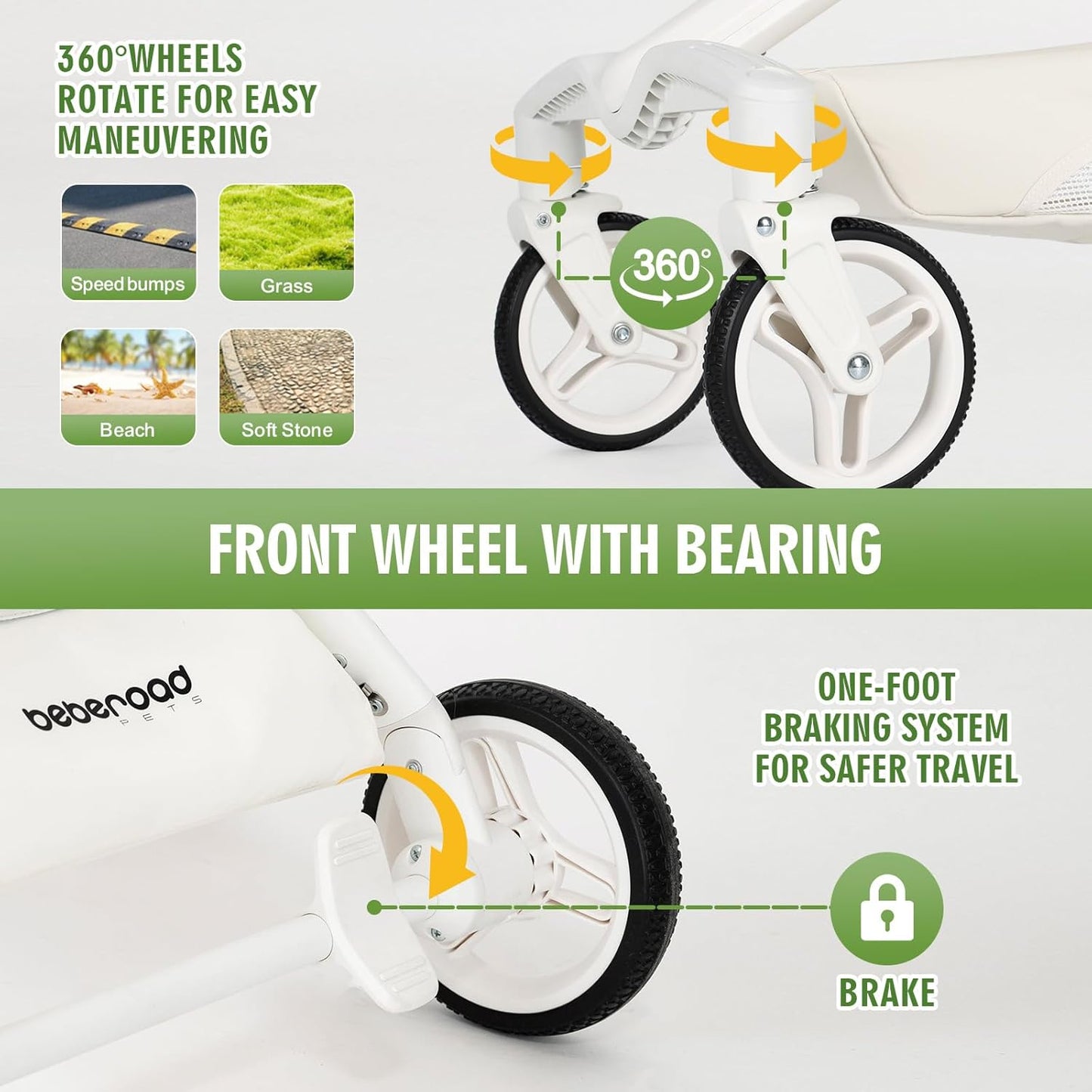 TT Lightweight Pet Stroller for Small Dogs & Cats - 4-Way Installation Carrier, One-Hand Fold, 180° Canopy Cover & Adjustable Handle (Beige)