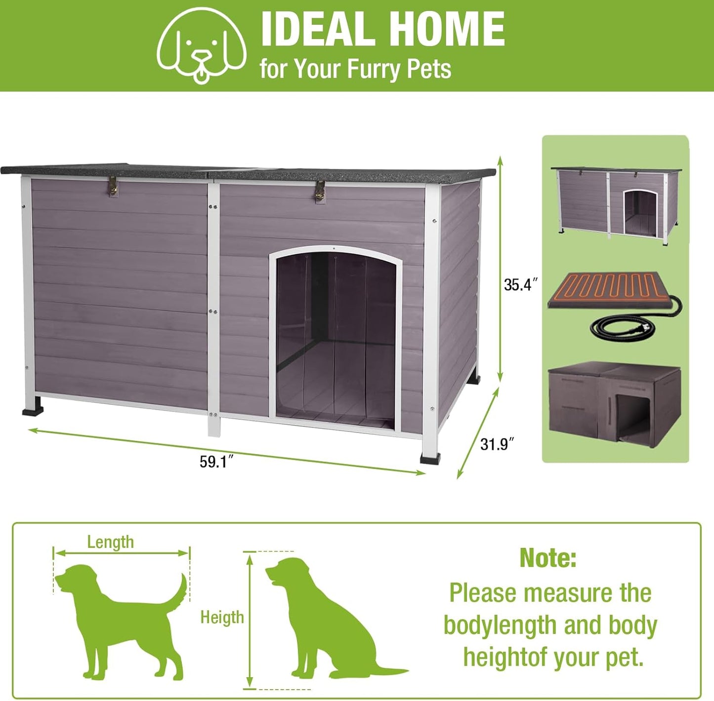 GUTINNEEN Extra Large Heated Dog House Insulated Dog Kennel with Safe Thermostat-Controlled Heating Pad, Chew-Proof Metal Frame, 6-Sided Thermal Liner for Large Dog Breeds, 59.1"x31.9"x35.4" (Grey)