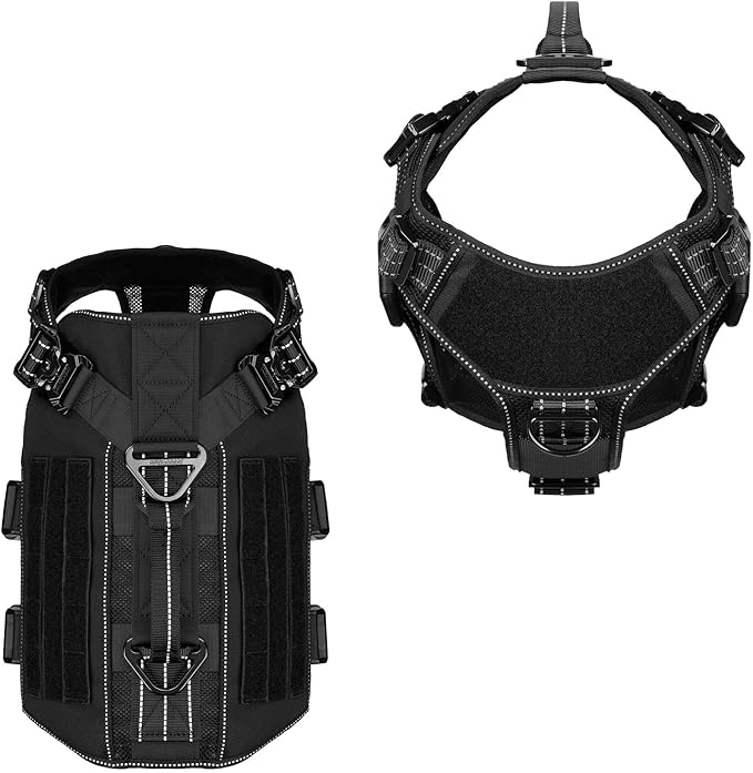 ICEFANG Tactical Mesh Dog Harness for Large Dogs,Reflective Dog Molle Vest with Metal Buckles,Hook and Loop Panels,No Pulling Front Clip for Walking Hiking Training (Large (Pack of 1), Black)