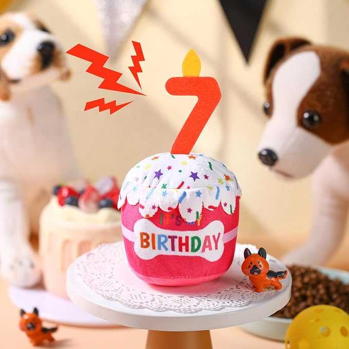 Dog Birthday Cake Toy Accessories for Girl Boy Gifts, Squeaky Plush Toy for Dog Birthday Party Decor Favor for Large, Medium and Small Dogs(7th,Pink)