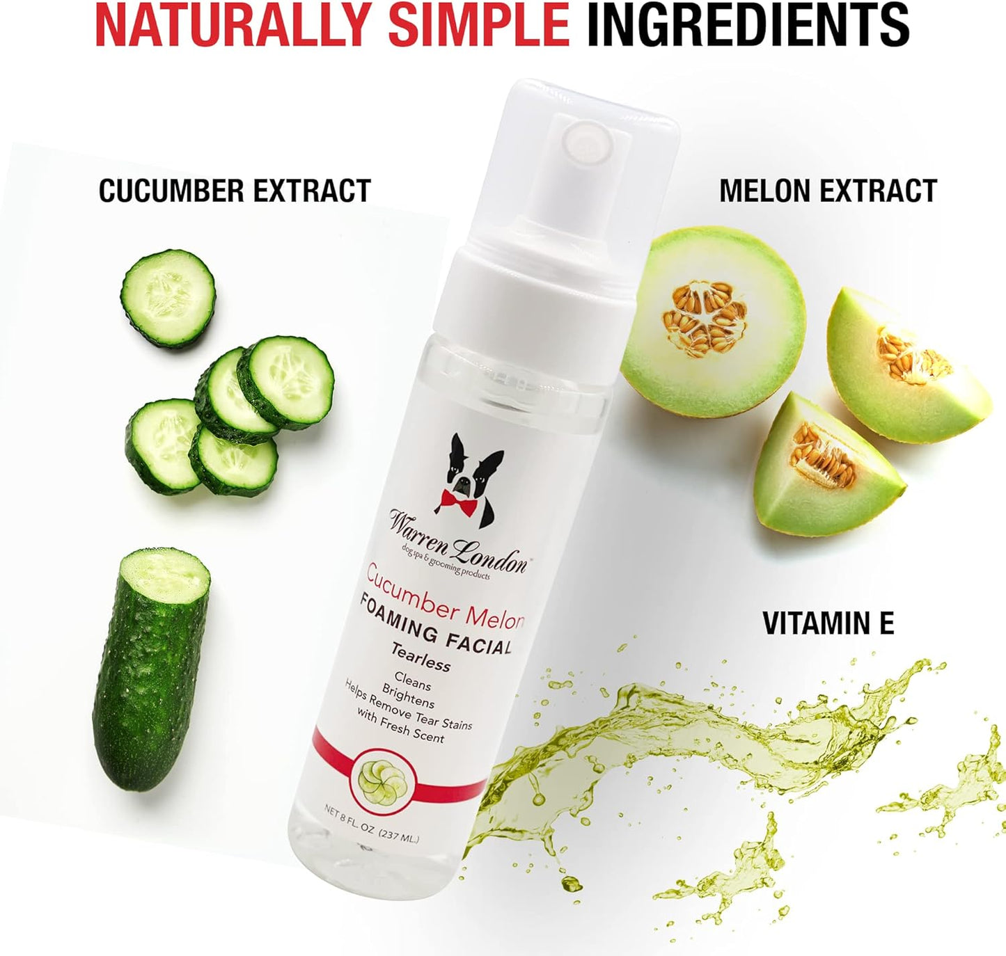 Warren London Foaming Pet Facial | Tear Free Dog Face Wash | Tearless Dog Shampoo for Faces & Dog Eye Stain Remover | Refreshing Cucumber Melon Wash | Made in USA | 8oz