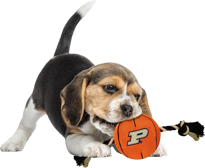Pets First NCAA Purdue Boilermakers Basketball Rope Toy for Dogs & Cats. Tough Nylon, Sporty Basketball Design, Heavy-Duty Ropes with Inner Squeaker