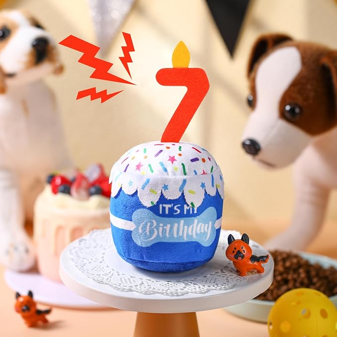 Dog Birthday Cake Toy Accessories for Girl Boy Gifts, Squeaky Plush Toy for Dog Birthday Party Decor Favor for Large, Medium and Small Dogs(7th,Blue)