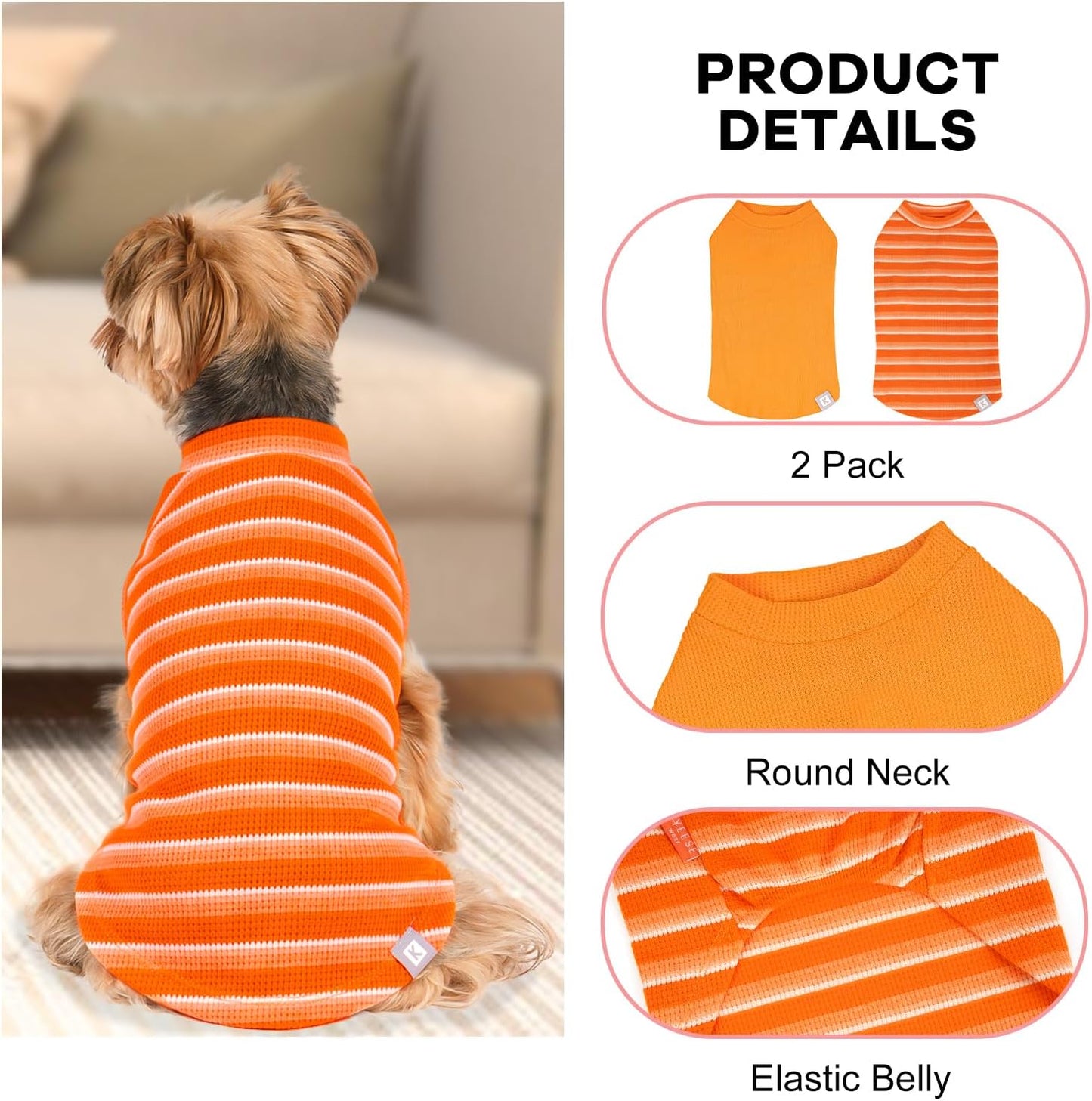 KYEESE 2Pack Waffle Dog Shirts for Small Dogs Stretchy T-Shirts Lightweight Tank Top Sleeveless Striped Shirt Vest Breathable Cat Shirt, Large, Orange+Striped