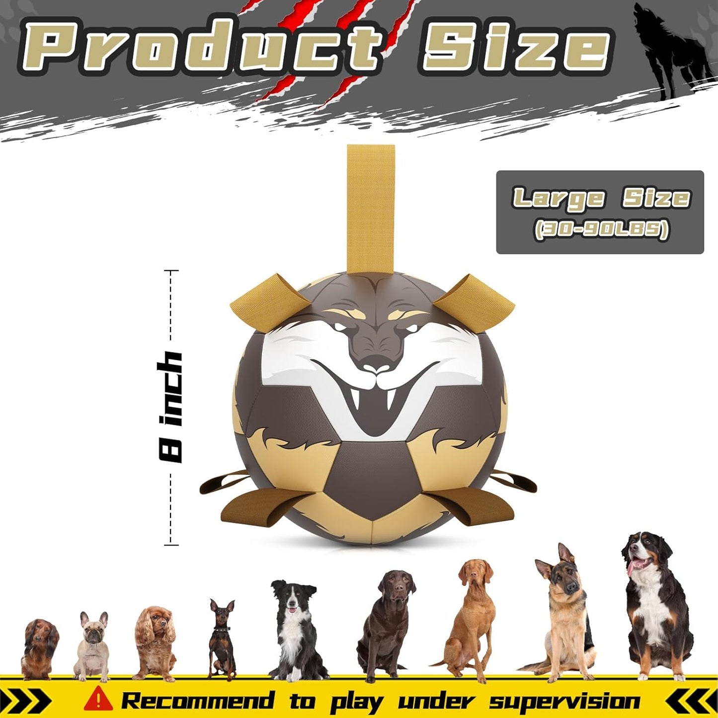 QDAN Wolf Dog Toys Balls with Straps - Durable Dog Balls for Large Dogs, Beach Pool Dog Water Toy, Dog Tug Toys for Tug of War, Puppy Dog Birthday Gifts (8 Inch)