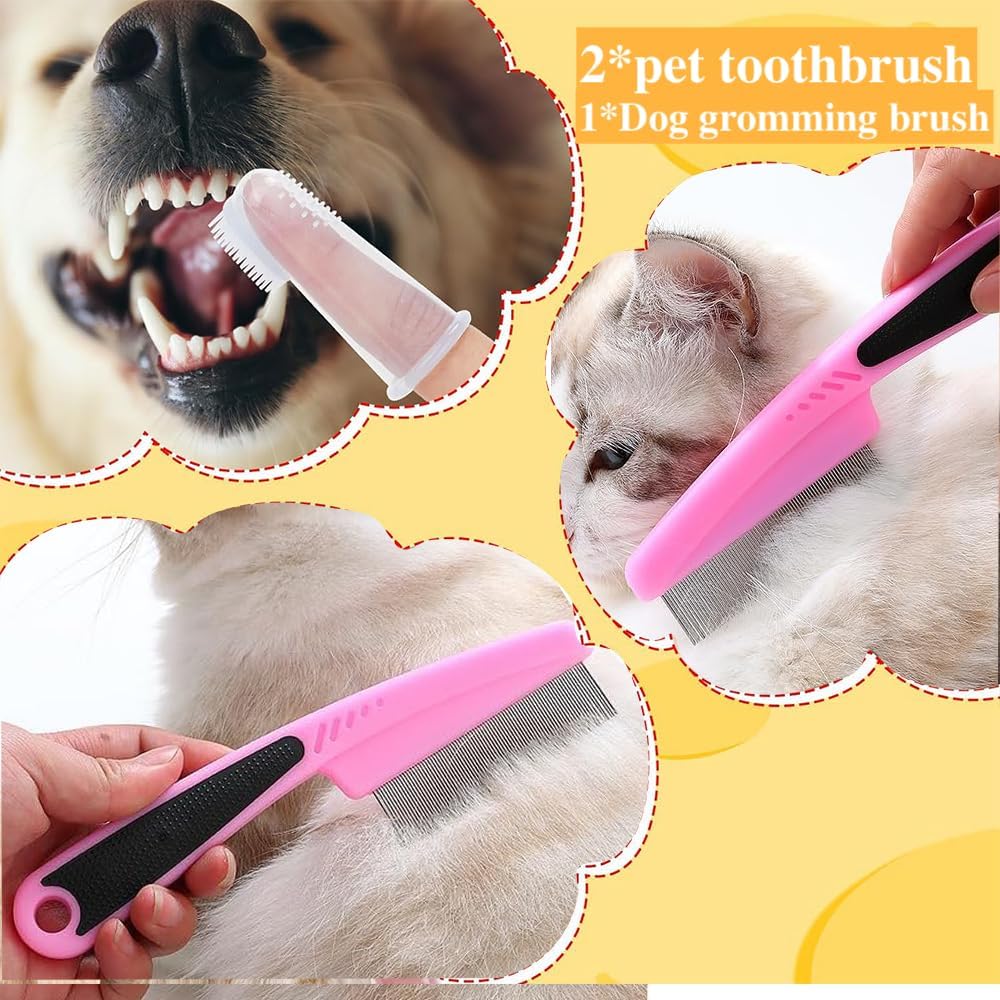 7 Pcs Cat Dog Brush Grooming Kits, Self-Cleaning Slicker Brush, Pet Nail Clipper and File, Flea Comb, Pet Shampoo Bath Brush, Pet Finger Toothbrush, Storage Bag (Pink)