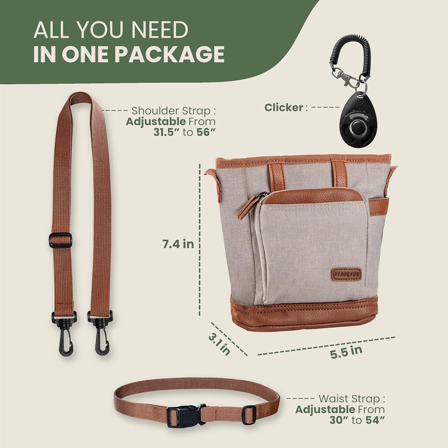 BEAU&FUR Large Dog Treat Pouch with Clicker for Training – 4 Cup Capacity, Built-In Poop Bag Dispenser, Expandable Pocket, Metal Buckle, Large Back Pocket, Ideal Design for Walks and Training – Cream