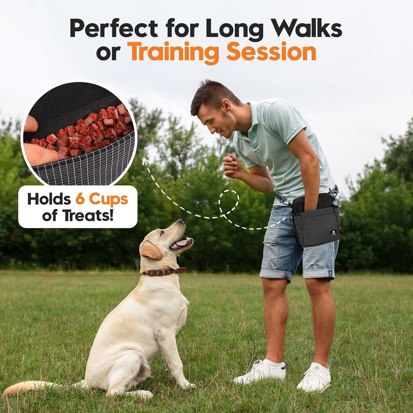 Large Capacity Dog Treat Pouch –Training Treat Bag with Magnetic Pocket, Built-in Poop Bag Holder, Clicker & Collapsible Bowl, Dog Walking Bag for Pet Training – Black