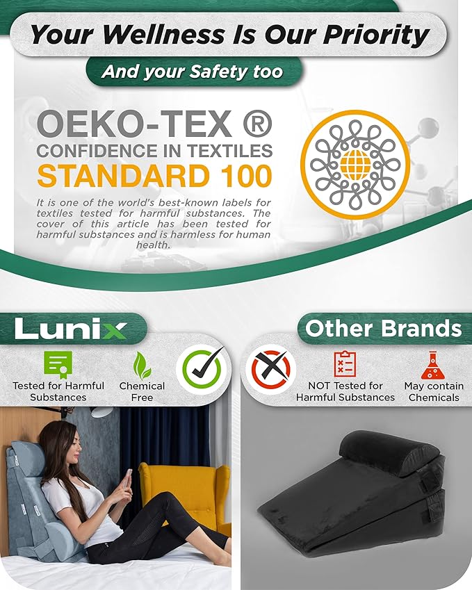 Lunix 4pcs Orthopedic Bed Wedge Pillow Set for Sleeping – Adjustable Post Surgery Back, Leg & Knee Support, Acid Reflux & GERD Relief, Memory Foam Head Pillows, with Hot/Cold Pack, Gray