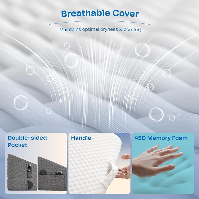 Wedge Pillow, 12 inch Wedge Pillow for Acid Reflux, Back Pain Relief, Snoring, Bed Wedge Pillows for Headboard, Bed wedge pillows for sleeping after surgery. Cooling Memory Foam & Breathable Cover