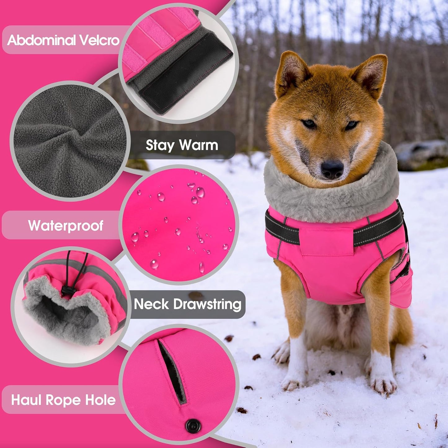 PETDSH Dog Coat Large, Built-in Harness Dog Jacket with Warm Fleece Lining, Waterproof Reflective Dogs Winter Coat, Pet Coats with Pocket and Trash Bags (Pink, XXX-Large)