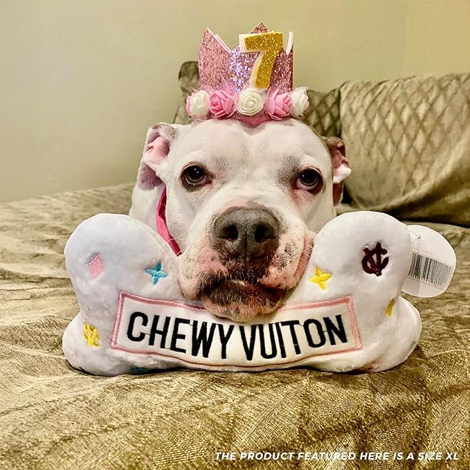Haute Diggity Dog White Chewy Vuiton Bone, Plush Designer Dog Toys with Interactive Squeaker, Stimulating Pet Enrichment, Machine-Washable & Safe Materials for All Breeds, Size XL