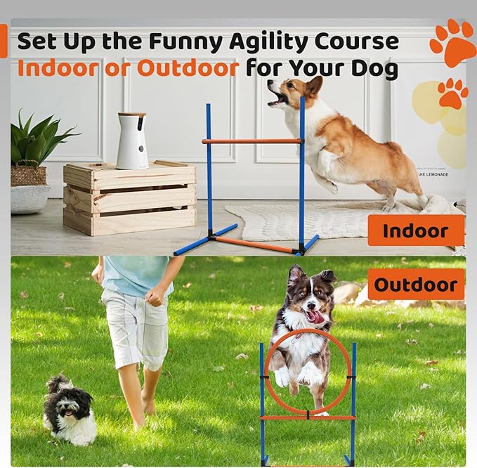 15 Piece Pets Agility Training Equipment, Obstacle Course Kit with Adjustable Dog Hoop, Dog Jump, Weave and Blind Poles, Pause Box for Outdoor Game