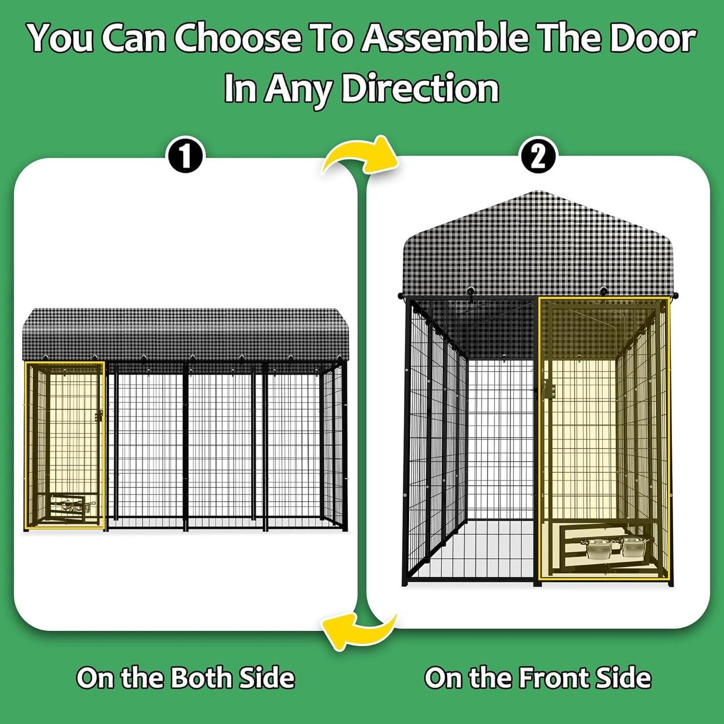 HITTITE 8x4x6 FT Large Outdoor Dog Kennel, Expandable Modular Dog Kennel Outside with Rotate Feeding Door, Heavy Duty Welded Wire Steel Dog Run Dog Playpen Fence with Black Roof Cover for Backyard