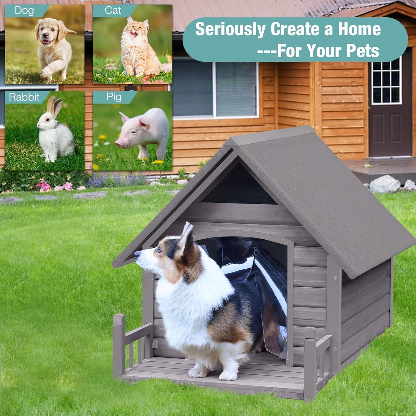 Dog House with Heating Pad, Weatherproof Outdoor Kennel for Large Dogs, Chew-Resistant Iron Frame & Asphalt Roof (Grey, L)