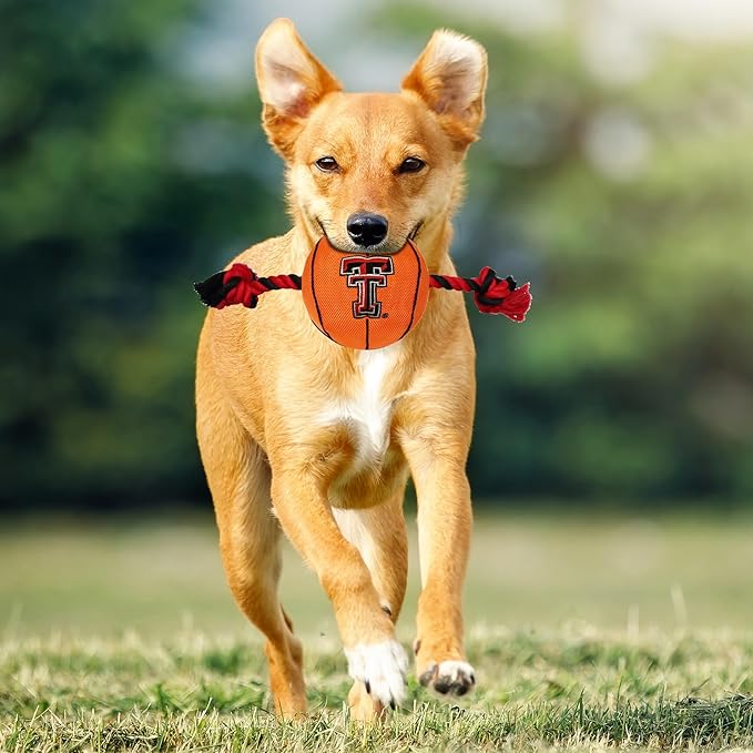 NCAA Texas TECH RED Raiders Basketball Rope Toy for Dogs & Cats. Tough Nylon, Sporty Basketball Design, Heavy-Duty Ropes with Inner Squeaker