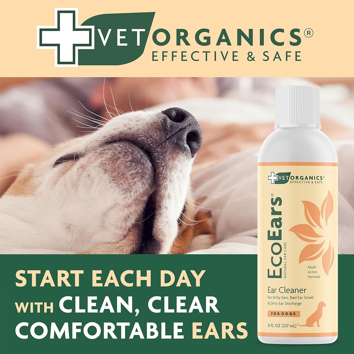 EcoEars Dog Ear Cleaner Solution–8 Oz. Natural Dog Ear Multi-Action Formula for Large or Small Canines – Ear Drops to Alleviate Itchy Ears, Shaking, & Otic Discharge–Puppy Supplies by Vet Organics 2pk