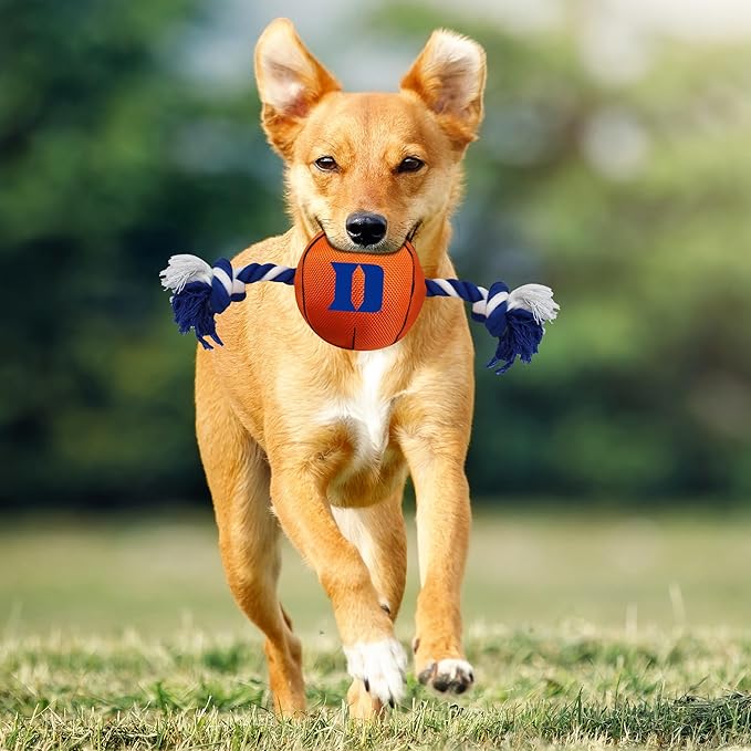 Pets First NCAA Duke Blue DEVILSBasketball Rope Toy for Dogs & Cats. Tough Nylon, Sporty Basketball Design, Heavy-Duty Ropes with Inner Squeaker