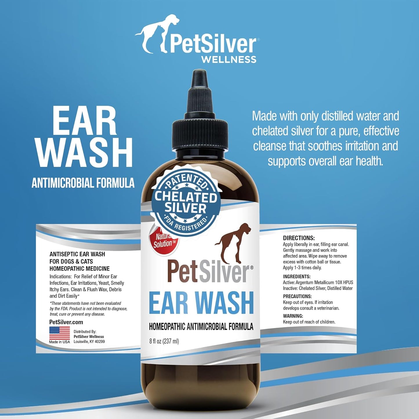 PetSilver Dog Ear Cleaner Solution – Gentle Ear Wash for Dogs and Cats with Chelated Silver – Otic Rinse Formula Targets Wax Buildup, Smelly Odor, and Itchy or Irritated Areas - Made in USA - 8 fl oz