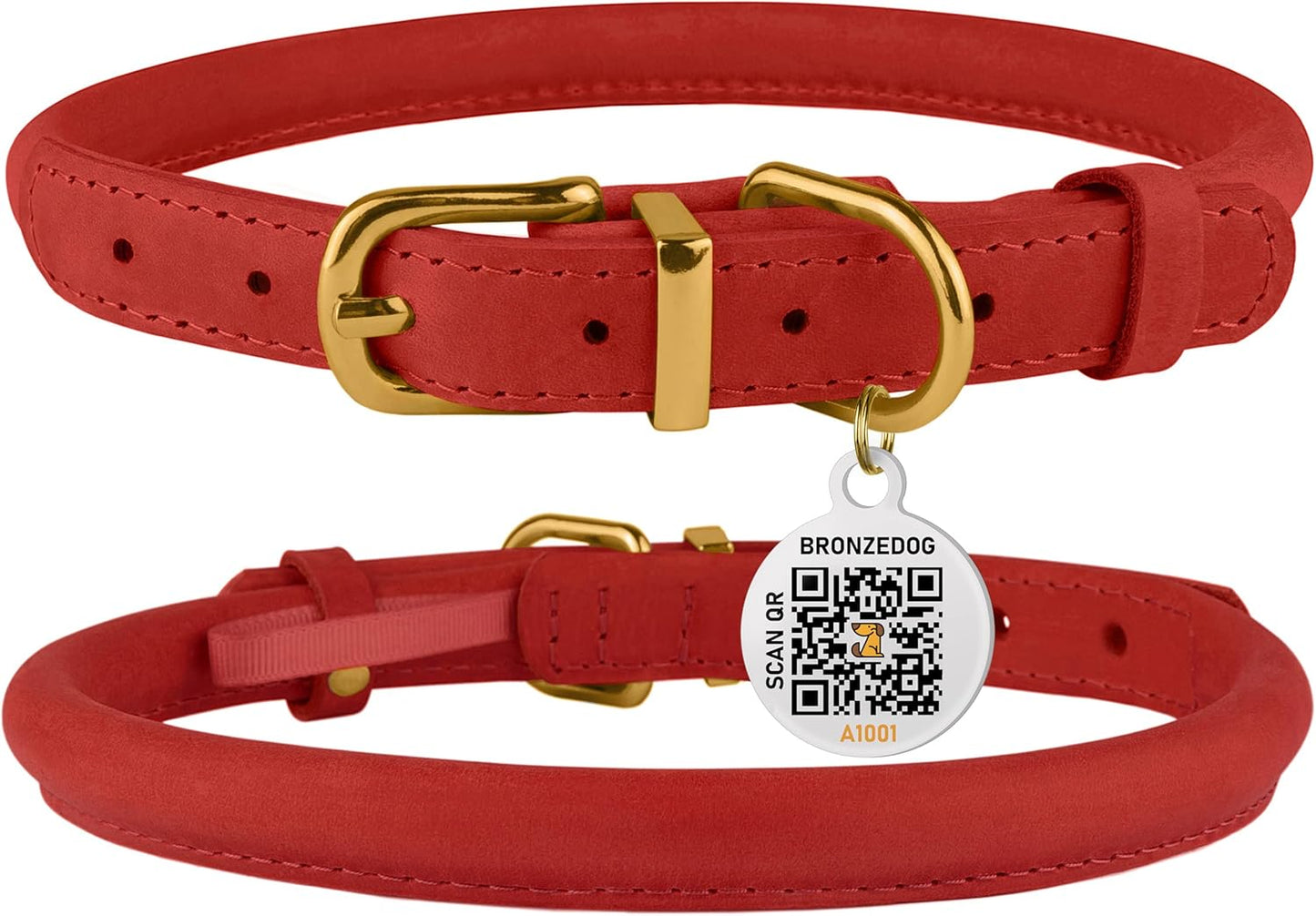 BronzeDog Rolled Leather Dog Collar with QR ID Tag, Adjustable Soft Round Collars for Small Medium Large Dogs Puppy (14" - 16" Neck Size, Classic Red)