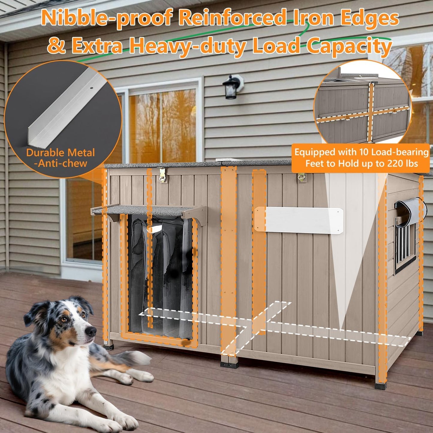 55" L Extra Large Dog House Outdoor with Window, XL Dog House Pet Shelter for Large Breed with Anti-Chewing Frame, Openable Roof, Removable Floor, 10 Support Feet for Medium to Large Dogs