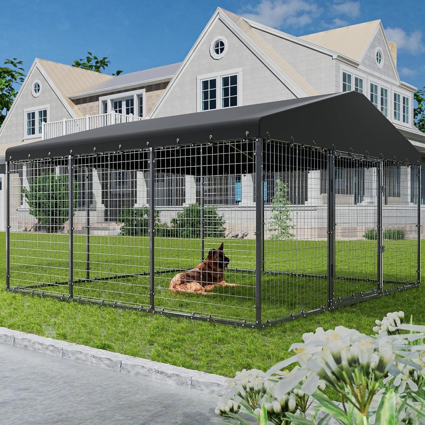 Dog Kennel Outdoor, 10x10x6 FT Heavy Duty Dog Pens Outside with UV & Water Resistant Roof, Large Dog Fence for Yard Metal Chicken Run with Double Locks