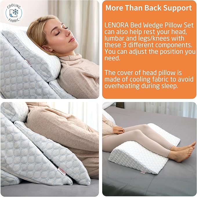 Adjustable Orthopedic Bed Wedge Pillow Set, Reading Pillow & Back Support for Sleeping, Memory Foam Wedge for Lower Back, Knee and Leg Pain, Acid Reflux, Snoring, Post Surgery Recovery