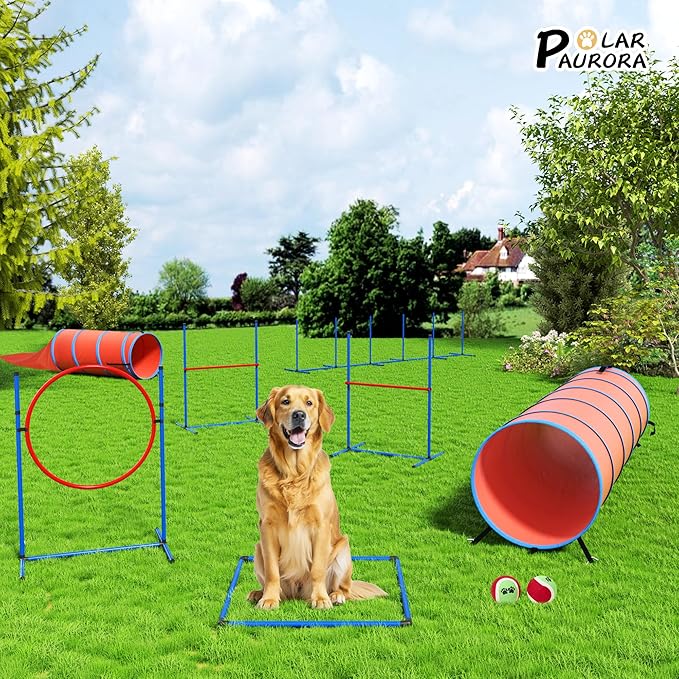 Dog Agility Training Equipment Set, Obstacle Courses Agility Training Kit for Puppy Includes 2 High Hurdles, Standard Tunnel, Blind Tunnel, Jumping Ring, 6 Weave Poles, Pause Box and 2 Carrying Bags