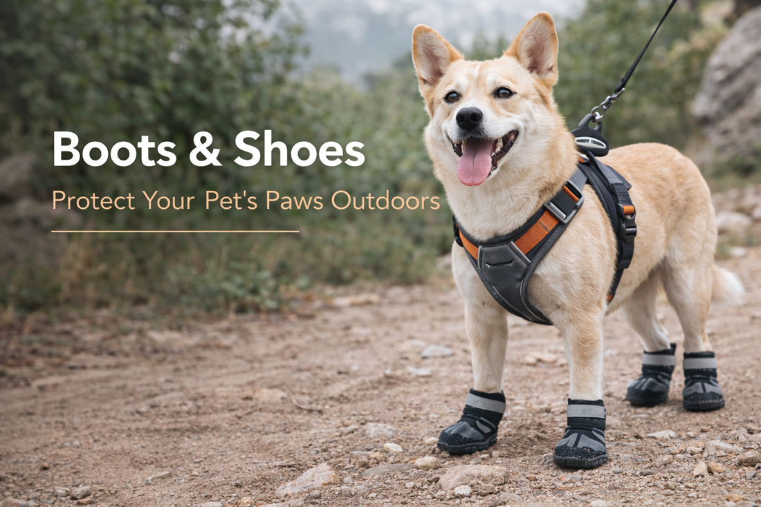 dog wearing protective boots on an outdoor trail for safer paw protection during walks and outdoor activity