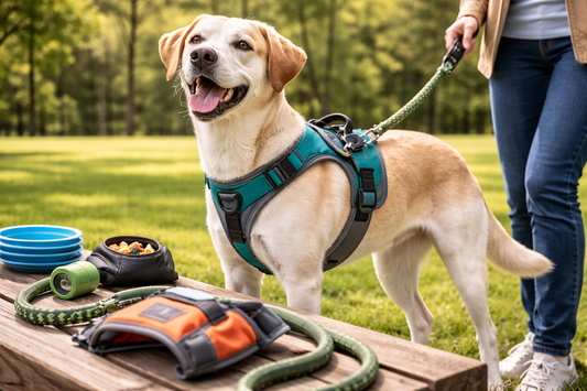 Medium-sized dog wearing a well-fitted harness during an outdoor walk with leash attached, shown in a park setting under natural light