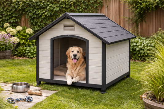 large dog resting inside a weather-resistant outdoor dog house placed on a grassy backyard lawn