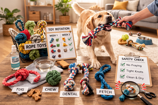Dog playing tug-of-war with a rope toy indoors, with multiple rope toys and pet accessories arranged neatly on a table in a bright living room
