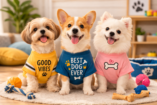 three small dogs wearing colorful t-shirts sitting on a rug with pet toys in a bright home setting