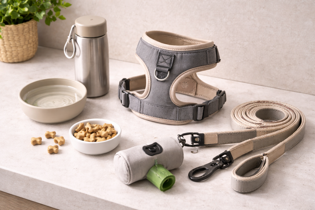 Minimal dog walking setup with leash, harness, waste bag holder, and treats arranged neatly on a clean surface