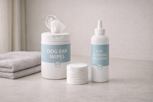 Minimal realistic pet grooming setup with dog ear wipes, cotton pads, a pet-safe ear cleaning solution bottle, and a small towel arranged neatly on a clean surface under soft neutral lighting with a simple background and no text