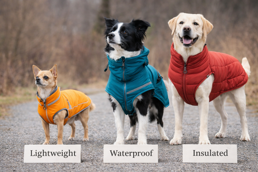 Three dogs of different sizes wearing colorful jackets standing outdoors on a cool day, showing examples of lightweight, waterproof, and insulated dog jackets