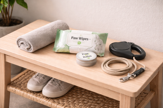 Minimal realistic entryway scene with a small towel, pet-safe paw wipes, a paw balm tin, and a dog leash arranged neatly on a clean bench under soft neutral lighting with a clean background and no text
