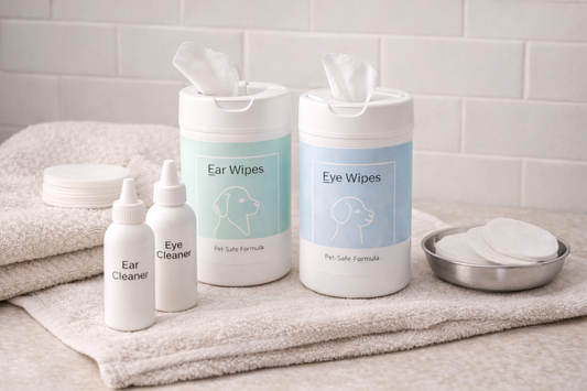 Minimal grooming setup with pet-safe ear wipes, eye wipes, cotton pads, and a soft towel arranged neatly on a clean surface under neutral lighting with no text visible